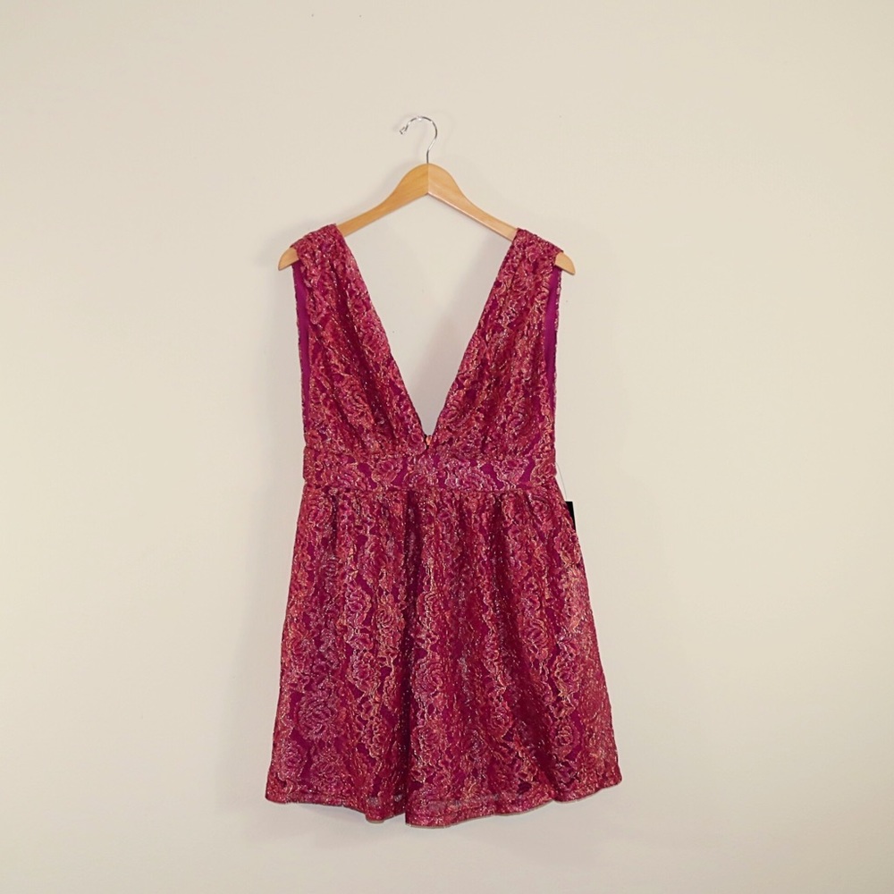 Lulu’s Tawny Magenta Metallic Lace Skater Dress - Picture 3 of 9